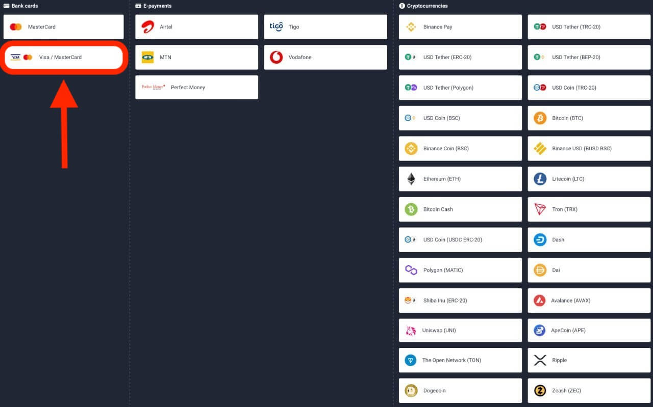 Deposit Money on Quotex from Ghana Bank Cards (Visa / MasterCard), E-payments (Airtel, Tigo, MTN, Vodafone, Perfect Money) and Cryptocurrencies